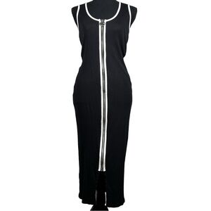 Michael Kors Black Ribbed Midi Sleeveless Dress with Logo Zipper, Size Medium